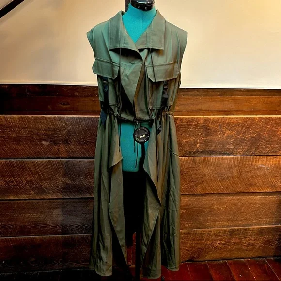 Kate Hewko Long Layering Cargo Vest Trenchcoat - Lightweight w/ Drawstring Waist - Picture 8 of 16